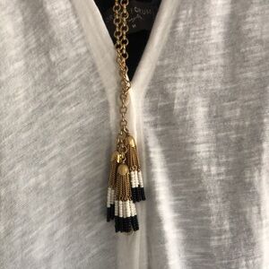 J Crew necklace w/ trio of beaded tassels black,white,gold tone link style chain